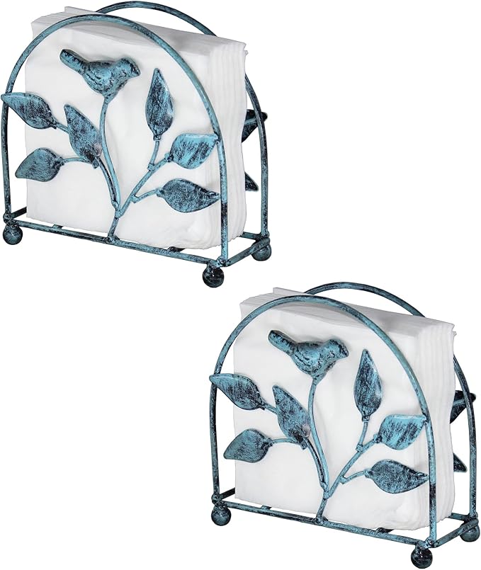 Set of 2 Cast Iron Bird & Tree Classic Napkin Holder/Tabletop Freestanding Tissue Dispenser, Turquoise