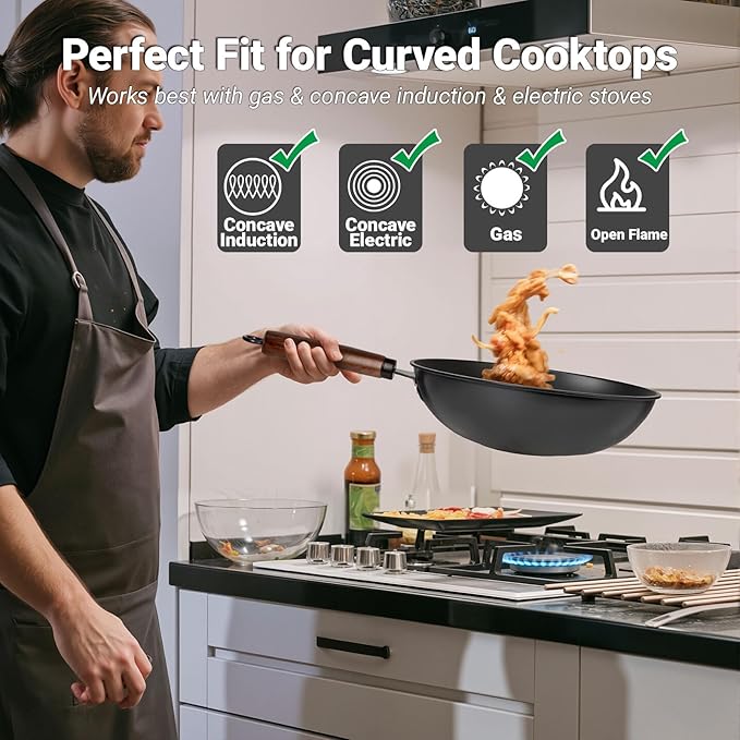 Abangdun Carbon Steel Wok Pan, Nitrided Pre-Seasoned Round Bottom Woks & Stir-Fry Pans Nonstick, Chinese Wok with Glass Lid & Steel Rack for Gas for All Concave Stovetops, Gift for Chef - 13.4"