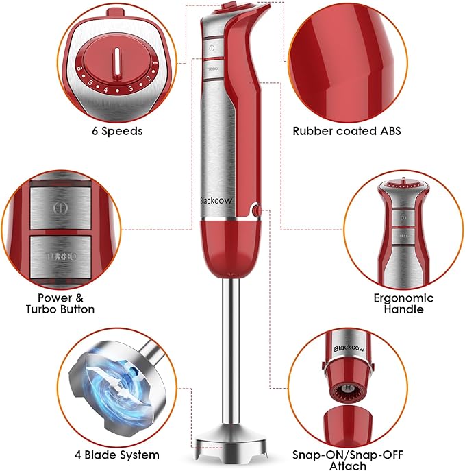 Immersion Blender Handheld for Kitchen,Emulsion Blender Handheld,6 Speed Electric Hand Mixer with BPA Free Attachments:Chopper Bowl,Whisk,Milk Frother,Measuring Cup