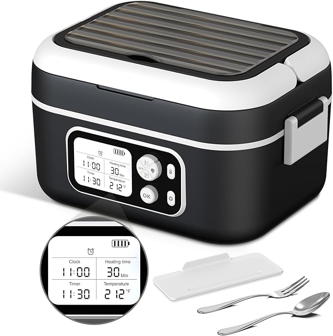 Cordless Electric Heated Lunch Box, 1.5L 6.3Cups 24000mAh Rechargeable Battery Self-Heating Lunch Box, Smart Timer, Even Heating, 100W Portable Food Warmer for Office, Picnic, Car, Outdoor