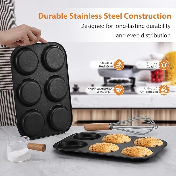 far Muffin Top Pan Set of 3, Nonstick 6-Cavity Shallow Cupcake Pan for Baking Whoopie Pie, Yorkshire Pudding, Eggs, Cornbread, Drop Cookies, Easy Release & Clean, 3-Inch Standard Size