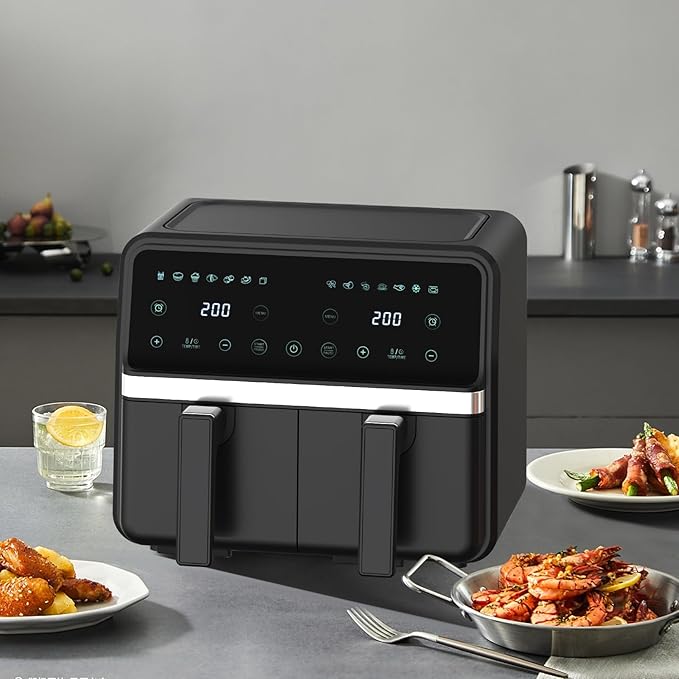 REABELL 8 Quart Dual Basket Air Fryer - Digital Touchscreen, Smart Sync Finish,Auto Shutoff, 2 Independent 4QT Nonstick Dishwasher-Safe Frying Baskets - Digital Double Air Fryer