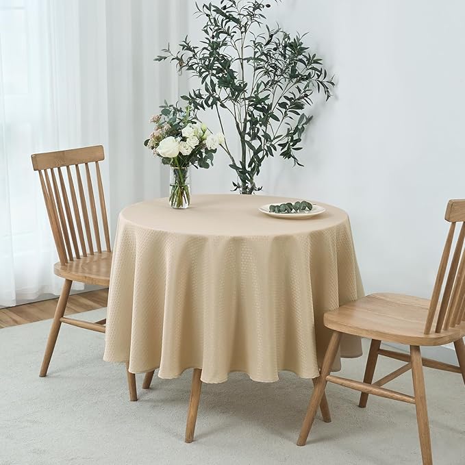 maxmill Round Weaved Texture Design Tablecloth Spill-Proof Wrinkle Free Soft Washable Table Cloth for Circular Table Cover, for Dining Room Buffet Banquet Parties Holiday Dinner, 90 Inch Natural