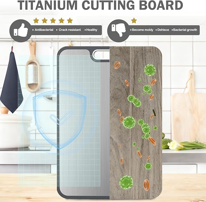 Suptikes Titanium Cutting Board,Double Sided Steel Cutting Boards for kitchen,Titannum/Wheat straw pp Large Board for meat,non toxic Chopping,16 * 11 Inch,Dishwasher Safe
