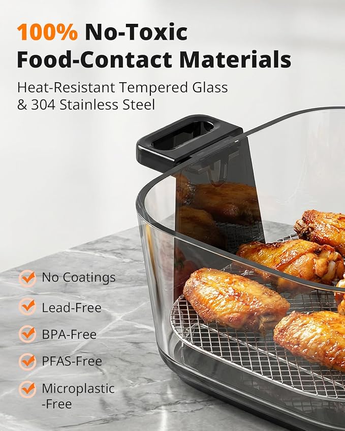 AIRMSEN 6.3 QT Glass Air Fryer Non-Toxic, 4 Presets & Manual Control, 105–400℉ Precise Heat, 95% Less Oil, Auto-Pause & Resume, Microwave & Dishwasher Safe Glass Container for Family Meals