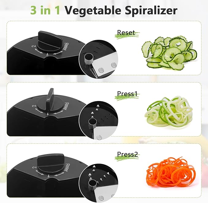 3-in-1 Vegetable Spiralizer Slicer, Adjustable Mandoline Spiral Cutter for Zucchini Noodles, Carrots, Cucumber (Black)