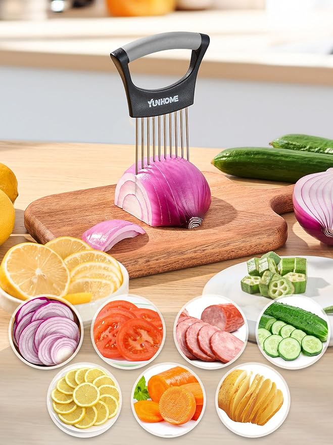 Onion Slicer Holder, Stainless Steel Onion Holder for Slicing, Tomato Slicer Vegetable Chopper Tool for Lemon Avocado, Food Slicer Assistant Tool for Fruit, Meat Tenderizer, Food Slicing Guide
