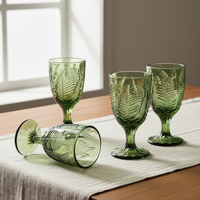 Green Glass Goblets Set of 4, 10 oz Stemmed Wine Glasses, Hand-Pressed Vintage Glassware, Fern Embossed Colored Stemware, Boho Aesthetic Textured Drinkware, Retro Home Decor Gift Set for Housewarming