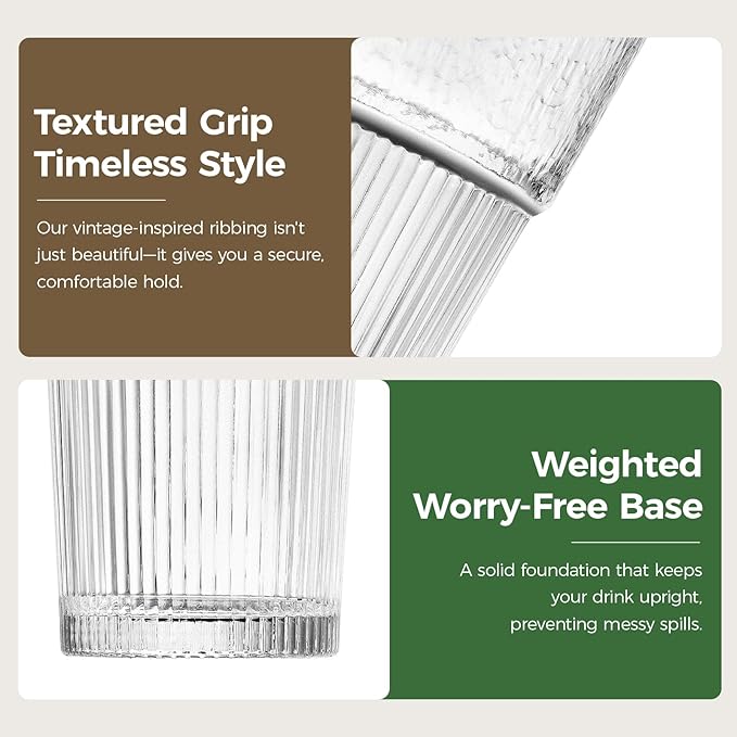 18oz Glass Tumblers with Lids and Straws, Set of 2 - Stylish Vintage Ribbed Design for Iced Coffee, Juice, Smoothies, Milkshakes, Cocktails & More - Perfect for Daily Use