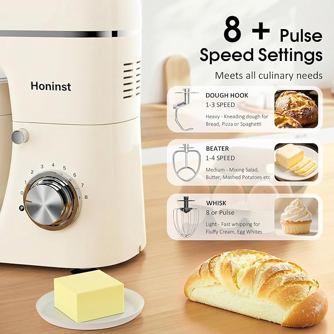 Honinst Stand Mixer, 7-IN-1 6.5QT 660W Multifunctional Electric Kitchen Mixers with Blender, Meat Grinder, Dough Hook, Whisk and Beater, 8-Speed Food Mixer for Baking, Cooking, Food Processing, Beige