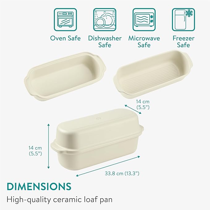 Navaris Loaf Dish with Lid - Ceramic Bakeware Tin for Baking Homemade Loaves - Stoneware Bread Pan for Oven - Dishwasher Safe and Easy to Clean - 34 cm x 13.5 cm (13.4" x 5.3")