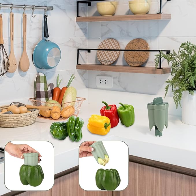2pcs Pepper Corer, 4.45x2.2x2.2in/11.3x5.6x5.6cm ABS Material Pepper Deseeder 2 in1 Fruit Corer Cutter Kitchen Essential for Kitchen Home Family Camping(Green)