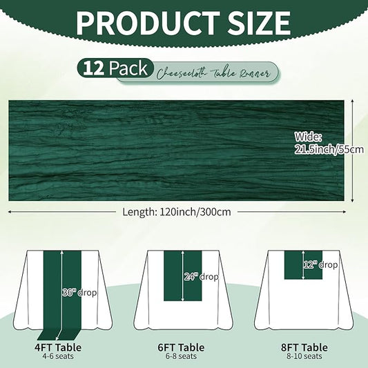12 Pack Dark Green Cheesecloth Table Runner 10Ft, Christmas Table Runner 21.5 X 120 inch, Semi Sheer Cheese Cloth Fabric Boho Table Runner Bulk for Christmas Decorations,Bridal Shower,Wedding