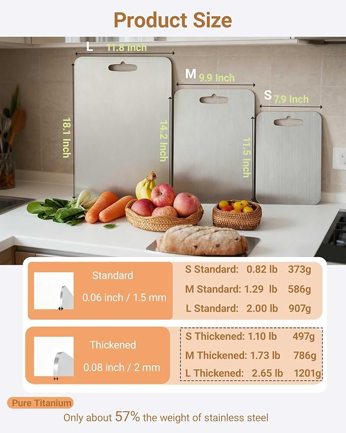 Titanium Cutting Boards for Kitchen,Pure Titanium Double Sided,Dishwasher Safe,Food-Grade Metal Chopping Board for Camping & Suitable for Meat,Charcuterie,Vegetables & Fruits(S+M+L 0.08")
