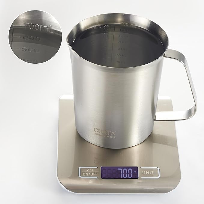 CURTA 18/8 Stainless Steel Measuring Cup with Handle and Pour Lip, Metal Pitcher with Oz and ML marking, 24OZ/700ML- 3 Cup), Heavy-Duty Pitcher