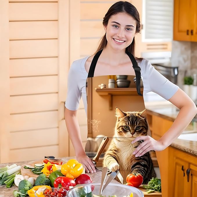 Funny Cat Apron with 2 Pockets Waterproof for Men Women Kitchen Garden Decor