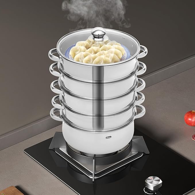 5 Tier Steamer Cooker,Home Steam Pot Set,Multi tier Stainless Steel Kitchen Cookware Hot Pot for Cooking Vegetables, Seafood, Soups, Stews and Pasta (Silver, 11 * 17.71 in)