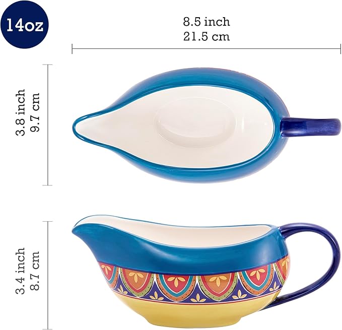 Bico Tunisian 14oz Gravy Boat with Large Handle, Ceramic Sauce Boat for Creamer, Salad Dressings, Broth, Black Pepper Sauce