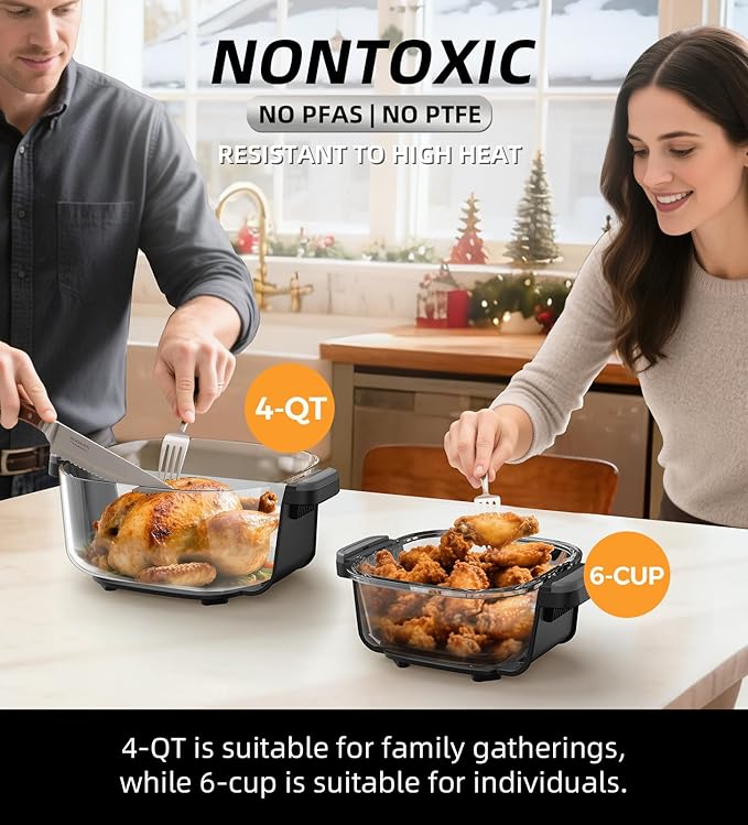 Tixixc 5-in-1 Portable Glass Air Fryer, 4QT & 6-Cup Glass Containers with Lids, Silicone Mat, 1500W Small Air Fryer, 90% Less Oil, Dishwasher/Freezer Safe for Single Servings, Family Meals