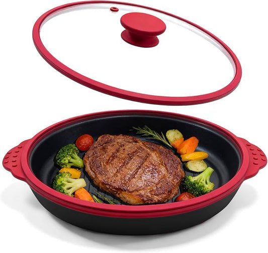Microwave Grill Pan With Cover, Microwave Bacon Cooker, Portable Microwave Cookware For Grill Meat, Sandwich & Vegetable Dishwasher Safe (Round-Red-Glass Lid)