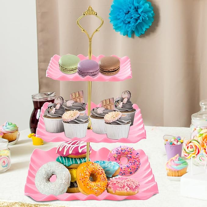 Dessert Cupcake Stand, 3 Tier Cup Cake Holder Tower for Tea Party/Birthday/Wedding, Plastic Tiered Serving Tray with Metal Rod, Pink