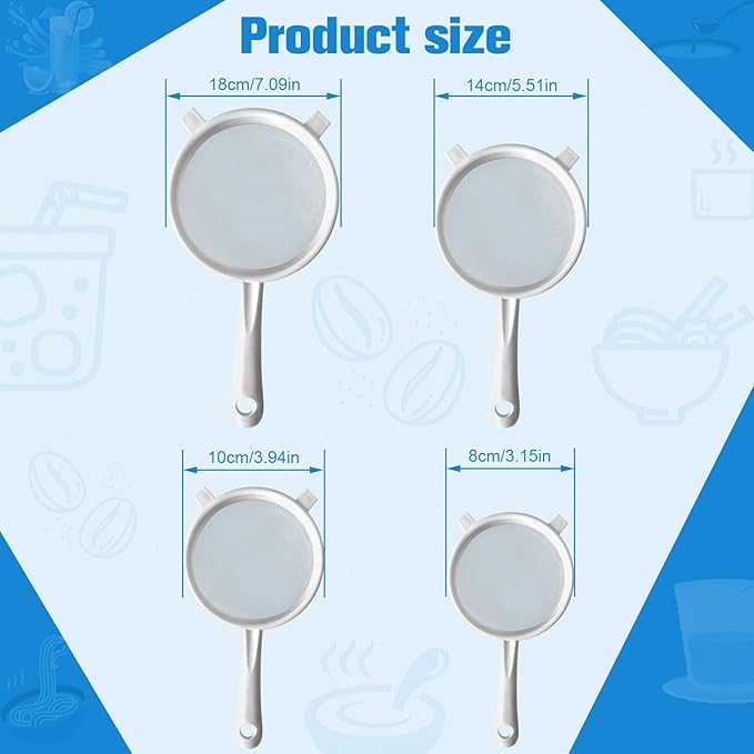 4 Pcs Plastic Nylon Fine Mesh Kefir Strainer Set with Handle, Sieve Fine Mesh Colander Flour Sifter for Yogurt Baking Kitchen Kefir Tea Juice Pasta