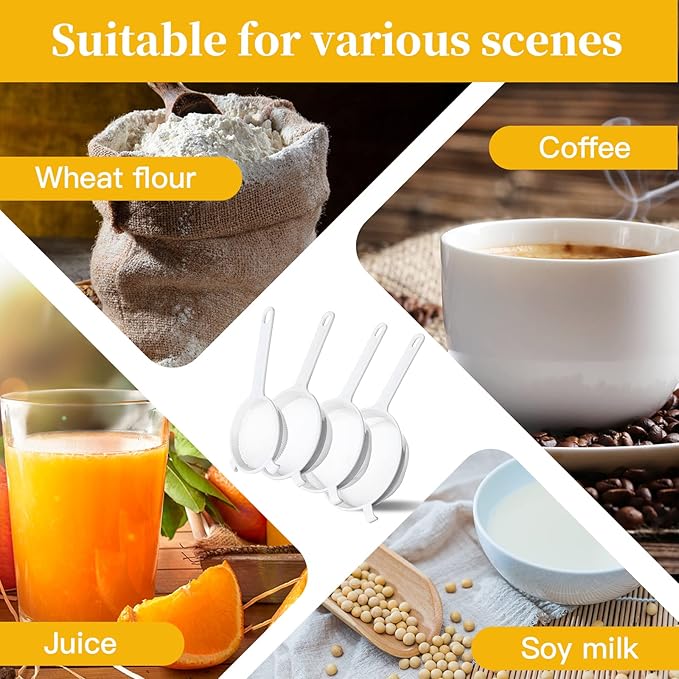 4 Pcs Plastic Nylon Mesh Strainers for Kitchen with Handle Double Ear Nylon Mesh Colander Yogurt Milk Filter Juices Strainer for Filtering Coffee Juice Kefir Milk Tea (3 Inch, 5 Inch, 6 Inch, 7 Inch)