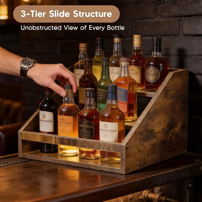 Liquor Bottle Display Shelf, Rustic Wood Coffee Syrup Rack Organizer, 3-Tier Countertop Liquor Wine Rack for Home Bar, Retro Bar Shelf Stand for Whiskey, Spirits