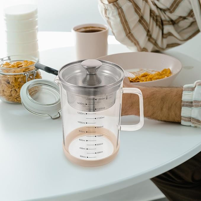 Kichvoe Glass Pitcher: Food Strainer Soy Milk Filter Teapot With Fine Mesh Filter And Lid For Milk Juice Water Tea Beverages- 1500 Ml