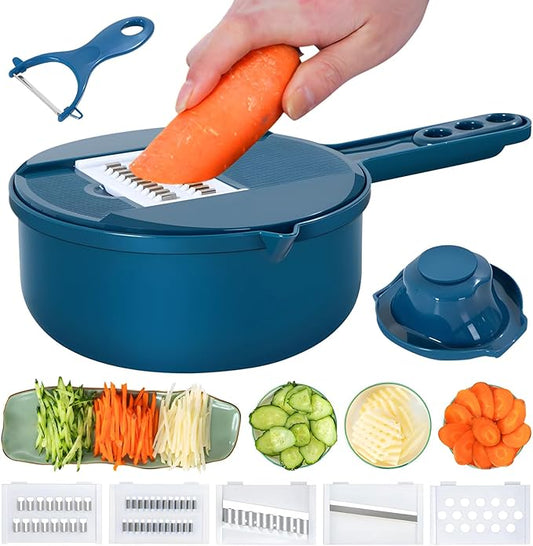 Mandoline Food Slicer, Multifunctional Vegetable Slicer Cutter with Hand Protector, Vegetable Shredder for Potato, Tomato, Carrot (Blue-7 in 1)