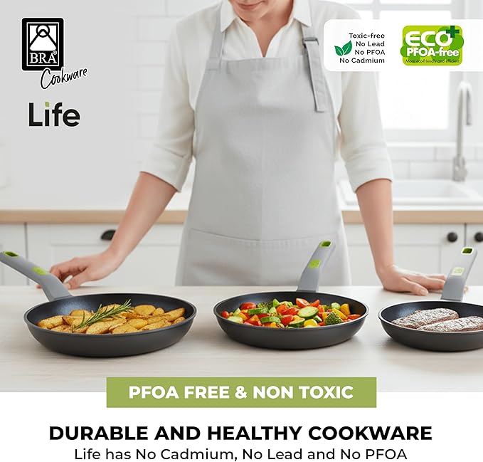 BRA COOKWARE Life 3 Ceramic Nonstick Frying Pan Set | 8+9.5+11 Inch Recycled Cast Aluminum Skillets | Ceramic Non-Stick Fry Pans | PFOA Free Searing Skillets | All Cooktops | Soft-Touch Handle