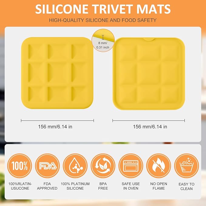 Silicone Trivets for Hot Pots and Pans, Pot Holders Hot Pads 6 Pack Silicone Mats for Kitchen Counter, Soft Durable Drying Mat, Jar Opener and Coasters (Yellow)