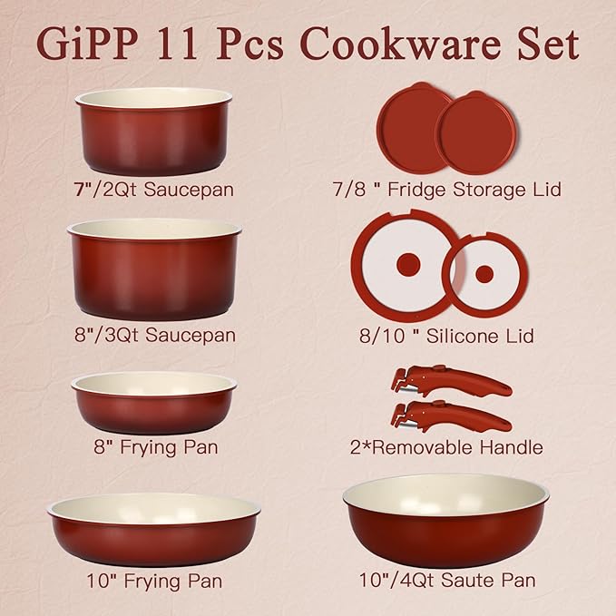 GIPP 11PCS Pots and Pans Set Non Stick,Nonstick Cookware Set Detachable Handle,Ceramic Pots for Cooking Non Stick with Removable Handle, RV Cookware Set, Red Black Gradien