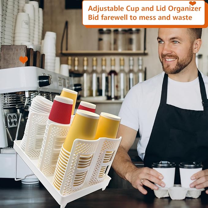 Coffee Cup Organizer Holder, Adjustable Cup and Lid Storage Rack,6 Slots Disposable Paper Cup Dispenser fits 8-22oz,Plastic Cup Stand for Coffee Station Bar Countertop Home Kitchen,White