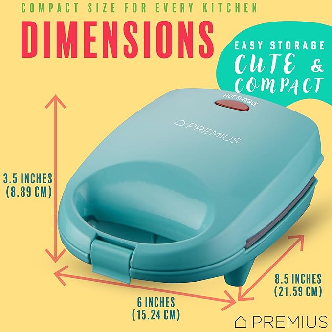 Ceramic NonStick Mini Snack Sandwich Maker, Indicator Light, 5x4.4 Inch Mold, Great for French Toast, Tuna Melt, Egg & Grilled Cheese, Pancake Sandwich, Desserts, Toasties, 520 W (Turquoise)