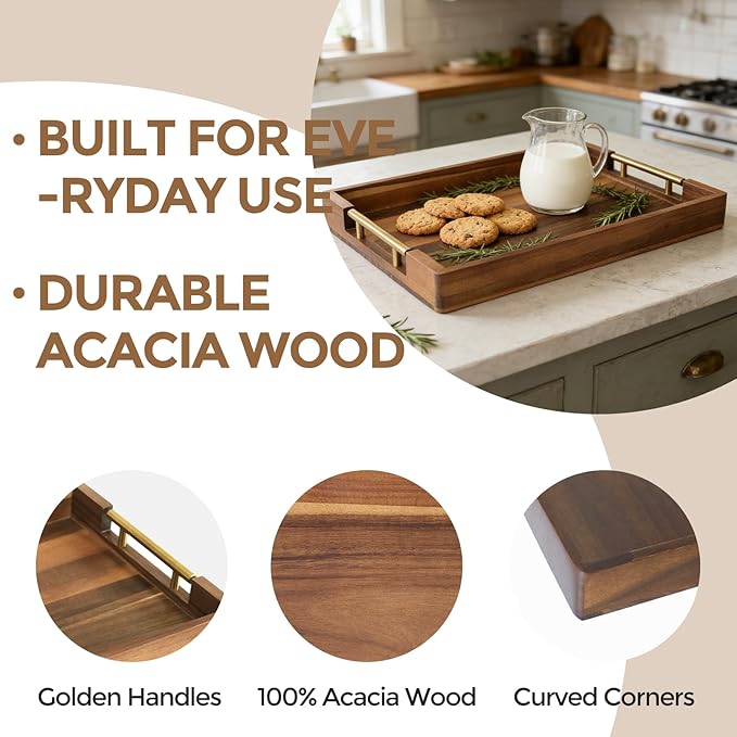 Acacia Wood Serving Tray with Golden Handles, 17 Inch Wooden Tray for Ottoman, Breakfast, Lunch, Dinner, Decorative Rectangular Tray for Living Room, Kitchen Counter, Outdoor