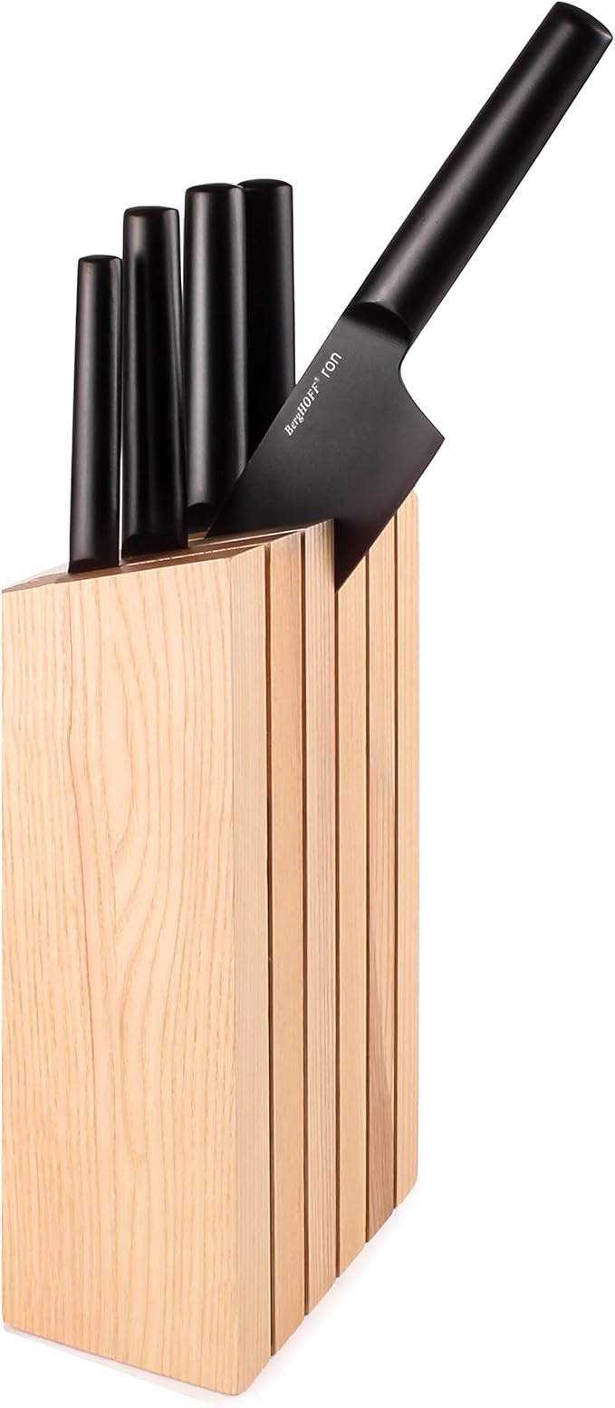 BergHOFF Ron 5Pc Non-stick Kitchen Knife And Wood Block Ergonomically Designed Handle Double-coated Titanium Sharp & Well Balanced Seamless Transition