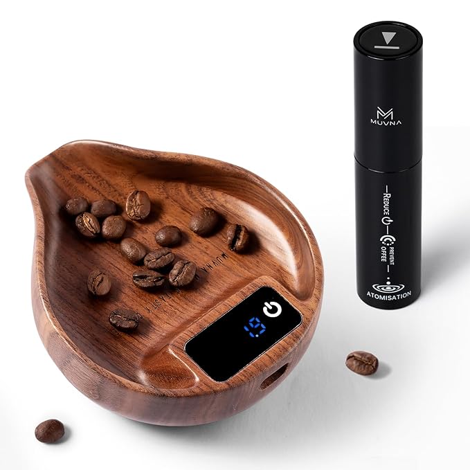 MUVNA Digital Dosing Cup with LED Display - Mini Rechargeable Wood Coffee Bean Scale Cup and Spray Bottle Kit, Kitchen Weighing Accessory for Espresso, Tea, Coffee Lover Gifts, Walnut