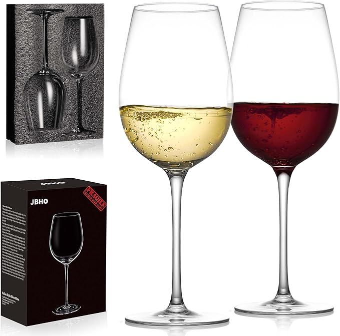 JBHO Crystal Wine Glasses - Hand Blown Red or White Wine Glasses -18 Ounce - Set of 2 - Lead-Free Premium Crystal - Long Stem Wine Glasses - Clear