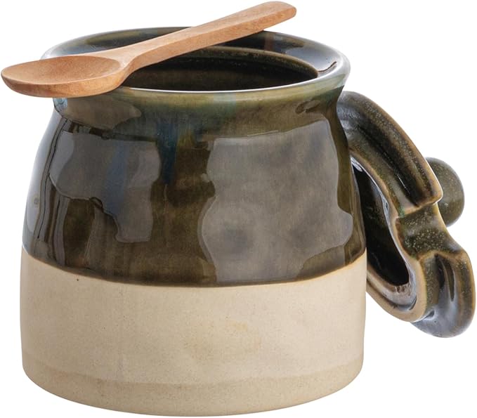 Creative Co-Op Stoneware Sugar Pot with Lid and Wood Spoon, Deep Green Glaze