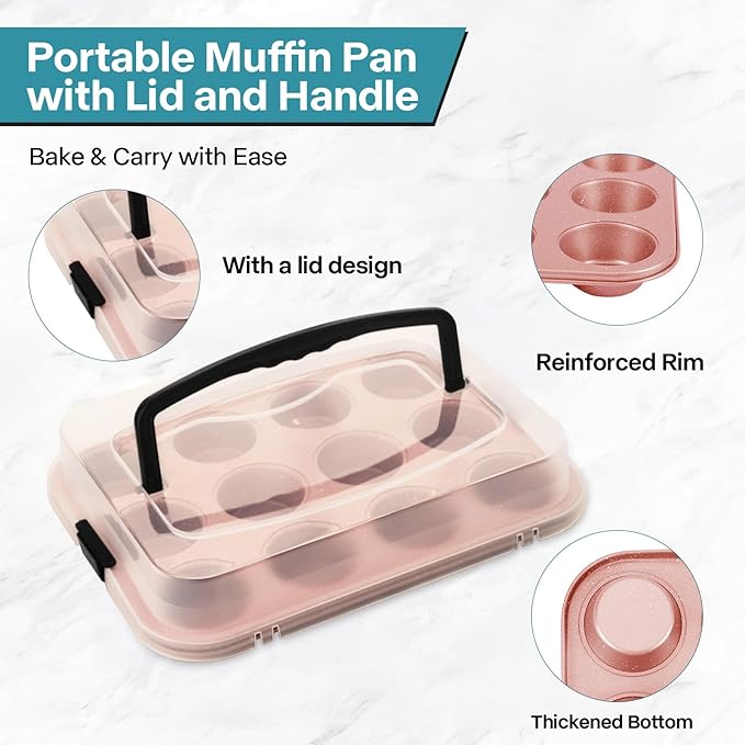 Spmarkt 2-Pack Pink Cupcake Pan with Lid, 12-Cup Nonstick Cupcake Baking Pan with Handle for Easy Baking and Travel – Perfect Cupcake Pan for Parties, Birthdays, and Gifting