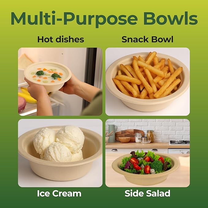 Dtocs Bamboo Fiber Disposable Bowls – 12 Oz, 200 Pk | Eco Friendly Biodegradable Small Bowl | Microwavable Bagasse Bowl Like Soup, Cake, Dip, Salad | Biodegradable Dinnerware Alt to Paper, Plastic
