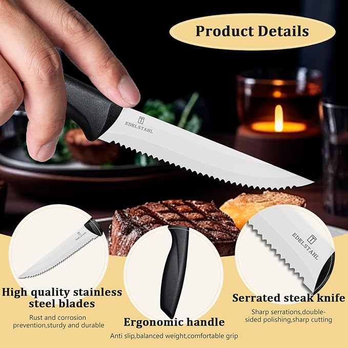 Steak Knives,Steak Knives Set of 8,Sharp Serrated Stainless Steel Steak Knife Set,High-Carbon Steak Knife,Black Handle Steak Knifes,Ergonomic Kitchen Knives Set for Precise Cutting