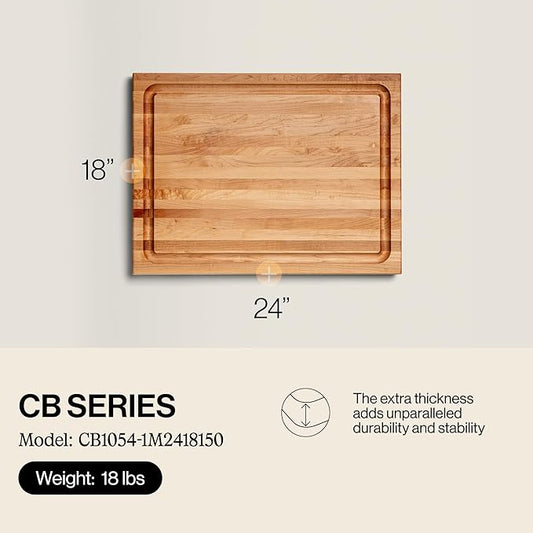 John Boos CB Series Rectangular Wooden Maple Cutting Board 24”x18” – 1.5” Thick, 18-lb Reversible Butcher Block with Juice Groove, Edge-Grain & Finger Grips – Made in the USA