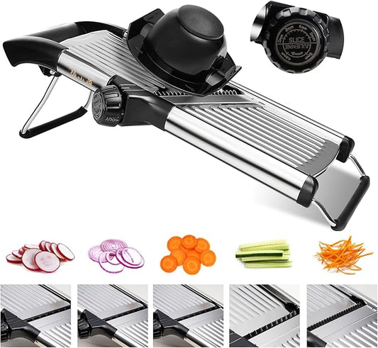 Adjustable Mandoline Slicer for Kitchen - Stainless Steel Vegetable Slicer Julienne Cutter with Ultra Sharp Blades 5-in-1 Vegetable Shredder for Onion, Potato Chip, French Fry