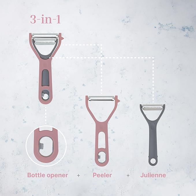 Vegetable Peeler 3-Piece Set – Swivel Cutter, Y-Shaped Slicer, and Julienne Peeler with Bottle Opener and Built-in Eye Remover – Stainless Steel Blade with Comfortable Handle for Kitchen – Pastel Pink