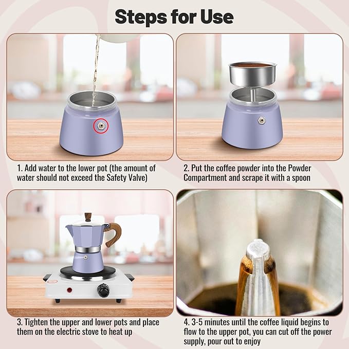 Vaolvpant 6 Cup Aluminum Moka Pot Classic Stovetop Espresso Coffee Maker 300ml 10oz Coffeemaker Percolator Mocha Pot Greca Coffee Maker Cafe Makers for Italian and Cuban Café Brewing Purple