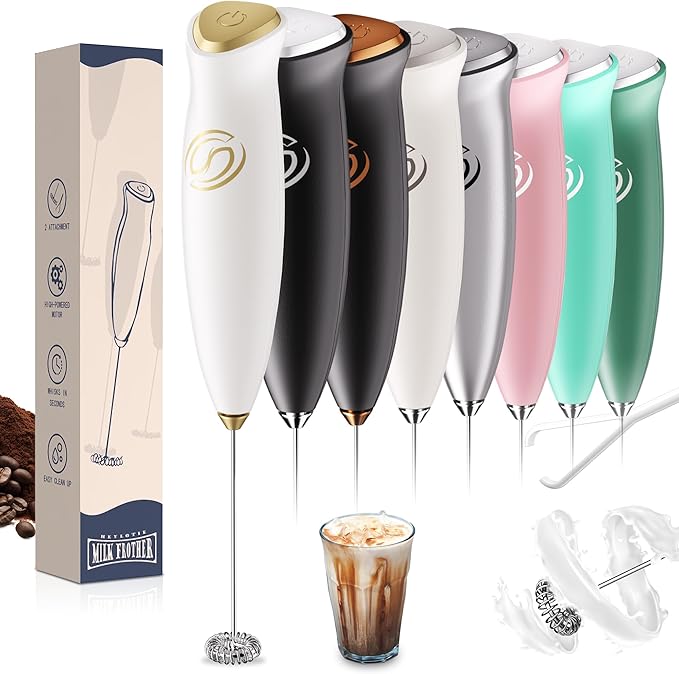 HeyLotie Milk Frother Handheld Frother Wand Drink Mixer Handheld Coffee Stirrers Electric Frother for Coffee Mixer Wand with 2 Whisk frother for protein powder coffee frother handheld-White/Gold