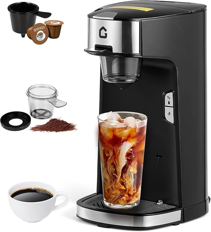 Small 2-in-1 Coffee Maker for Hot & Iced Coffee, Single Serve Machine with Built-in 550Ml Water Tank , Compatible with k-Cups, Ground Coffee & Tea Leaves, Adjustable Cup Tray for Home or Office Use