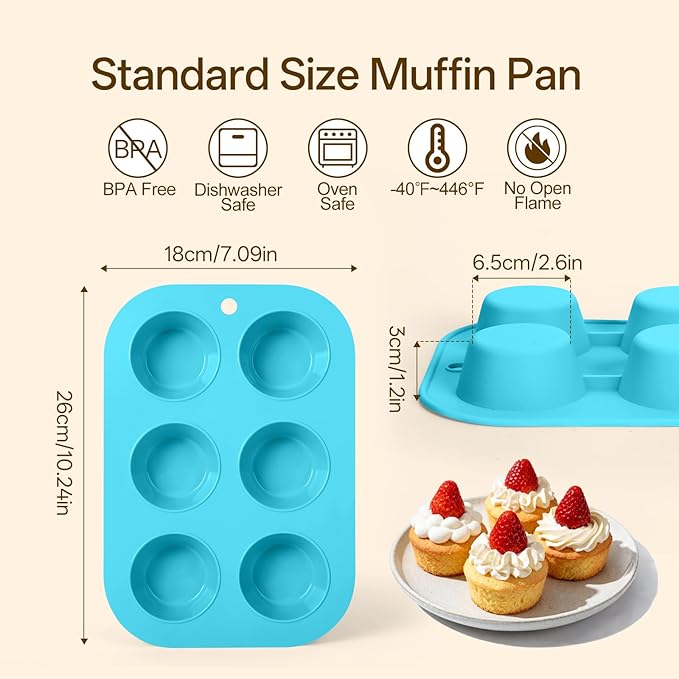 Firstfooby 2 Pack Silicone Muffin Pan for Baking, Regular Size Nonstick Cupcake Pan, 6-Cup Silicone Muffin Tin BPA Free Dishwasher Safe, Great for Muffin Cupcake Brownie Egg Tart